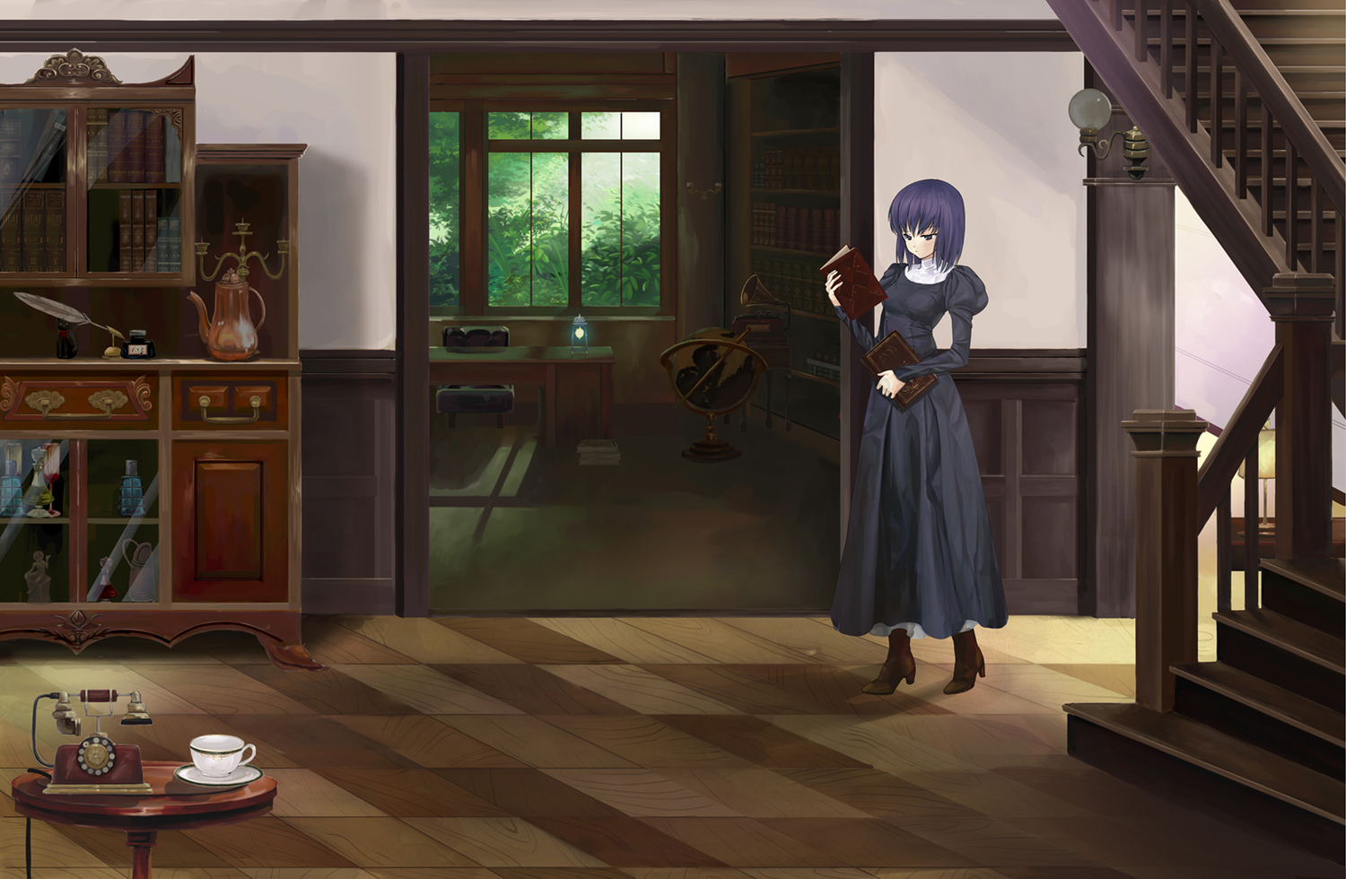 book, kinoto_(ruindivinity), kuonji_alice, mahou_tsukai_no_yoru, phone, purple_eyes, purple_hair, short_hair