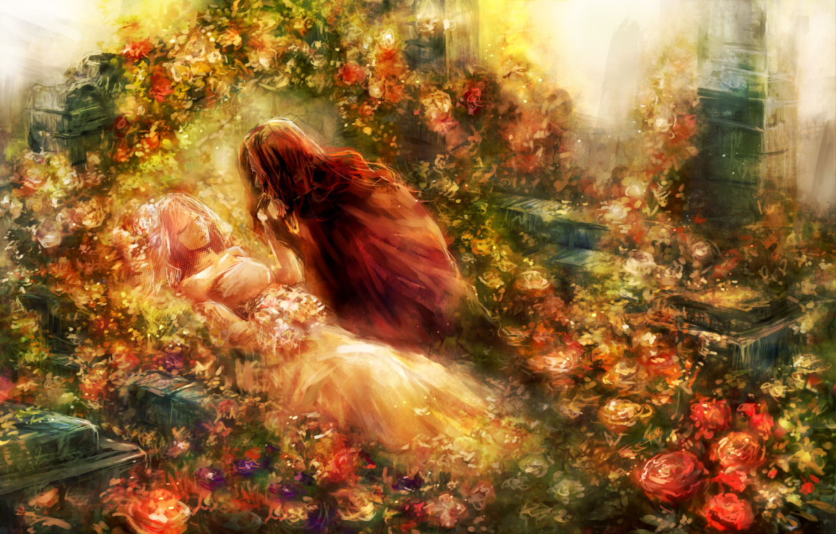 cape, flowers, long_hair, miyina, original, red_hair, rose, wedding_attire