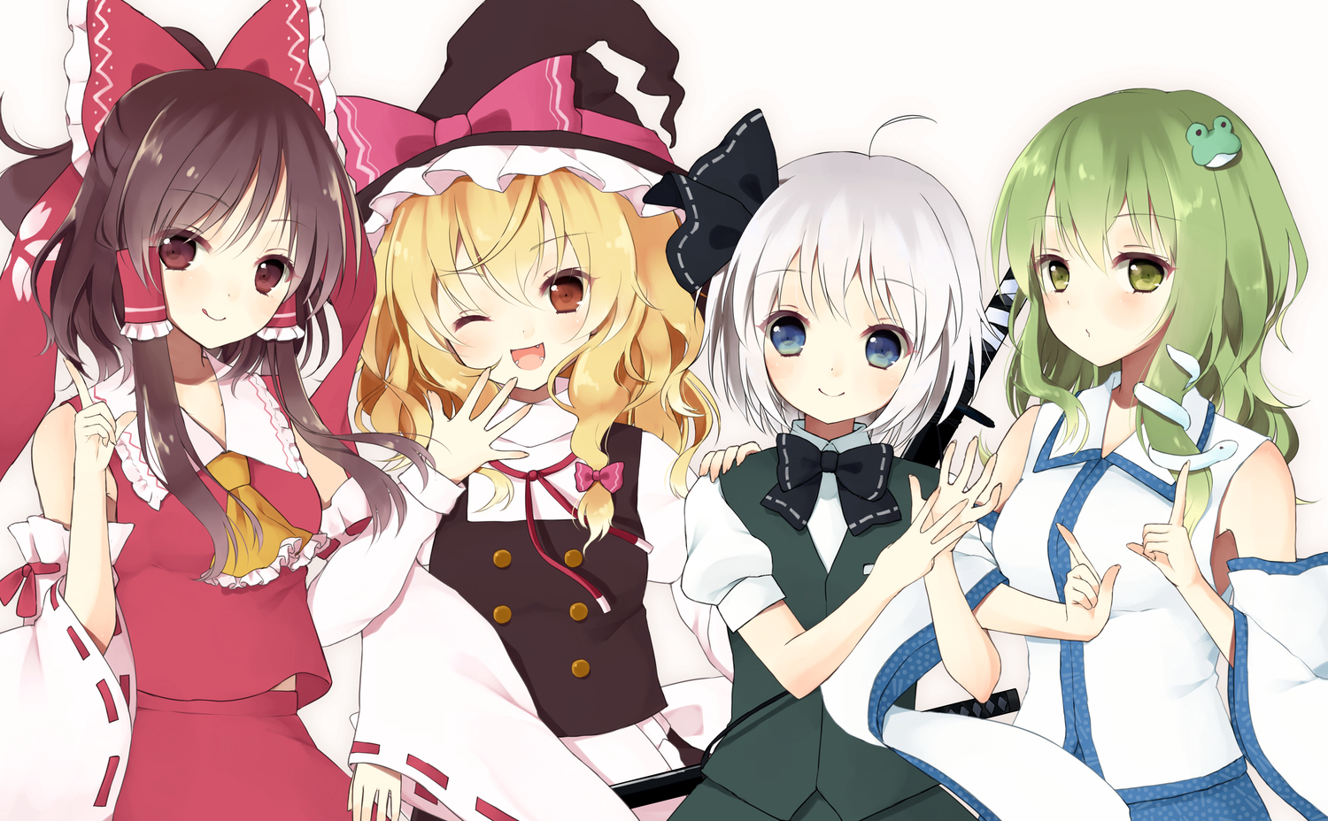 apron, blonde_hair, blue_eyes, blush, bow, brown_eyes, brown_hair, green_eyes, green_hair, group, hakurei_reimu, hat, japanese_clothes, kirisame_marisa, kochiya_sanae, konpaku_youmu, long_hair, miko, purin_jiisan, red_eyes, ribbons, short_hair, sword, touhou, weapon, white_hair, wink, witch, witch_hat
