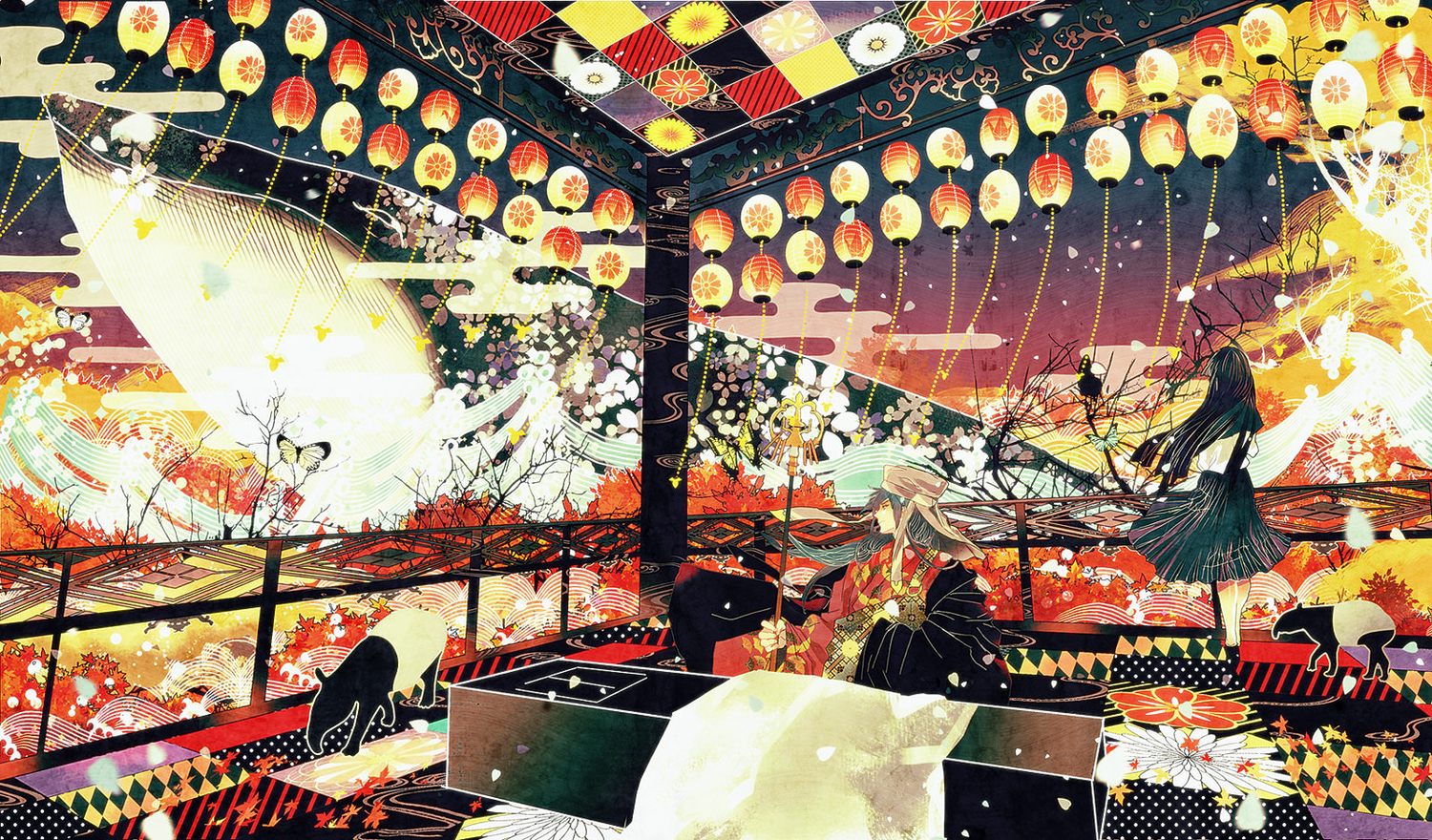 animal, autumn, butterfly, japanese_clothes, leaves, original, petals, robin7188, staff