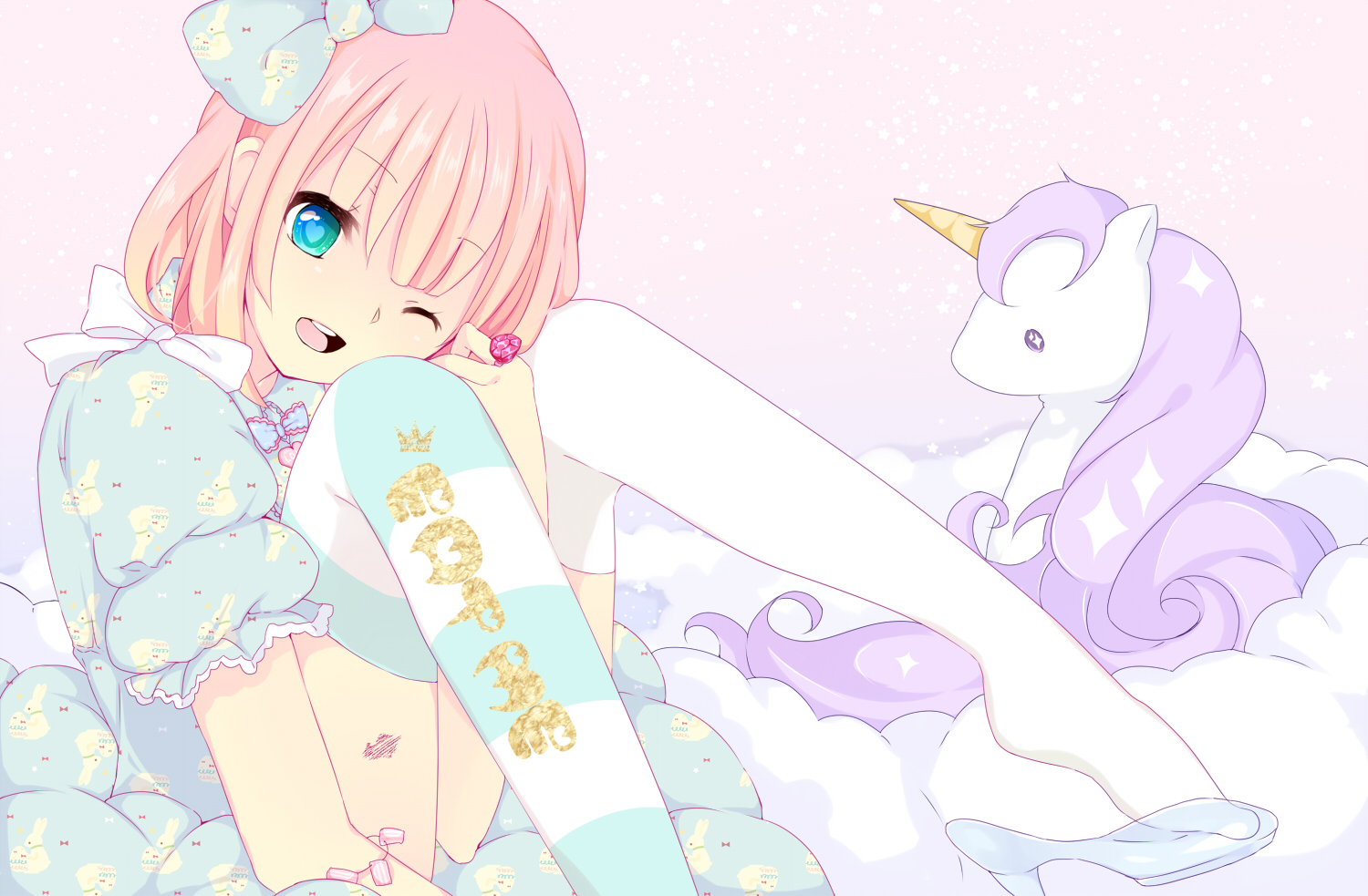 blue_eyes, bow, clouds, dress, pink_hair, sakuragi_yuzuki, thighhighs, wink