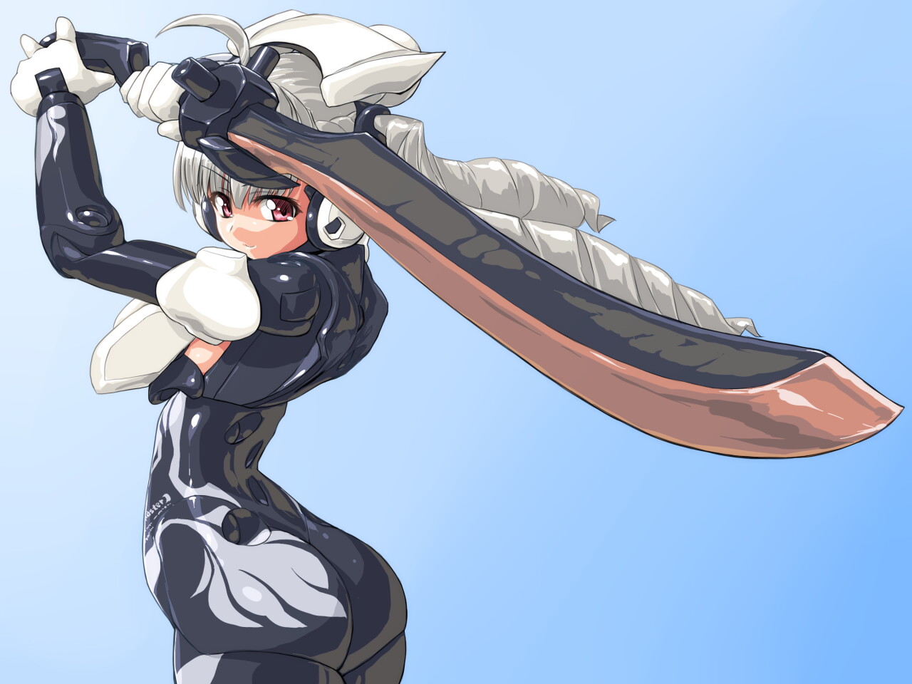 bodysuit, busou_shinki, gloves, gray_hair, jpeg_artifacts, long_hair, pink_eyes, skintight