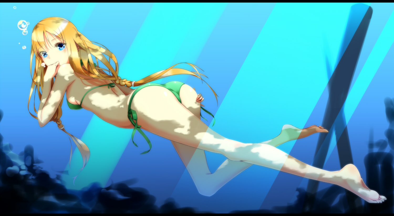 barefoot, bikini, blonde_hair, blue_eyes, koyaya, long_hair, original, swimsuit, underwater, water