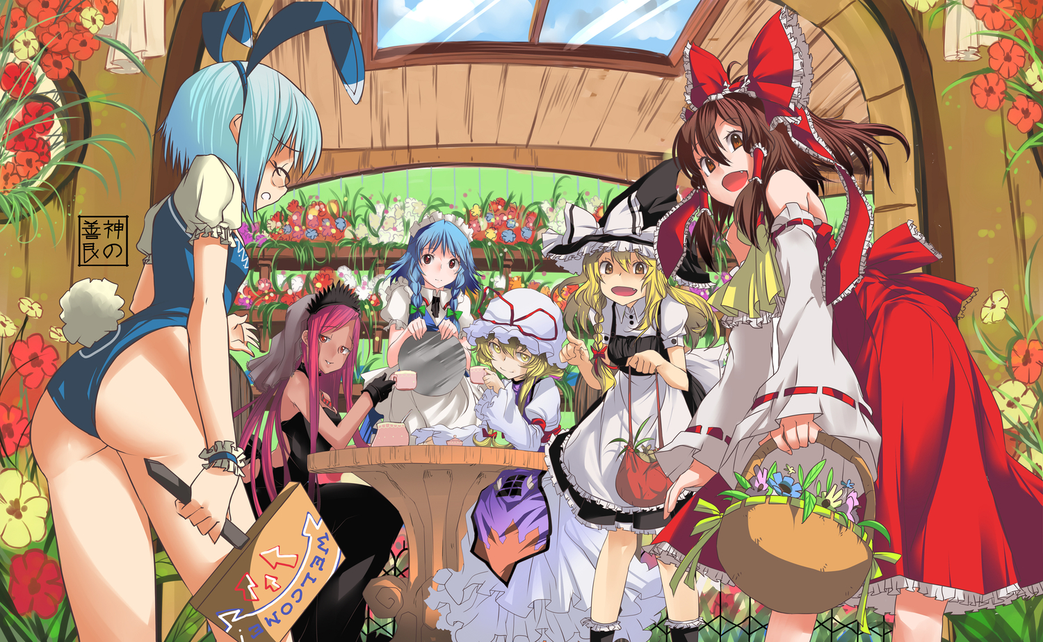 blue_hair, bunny, dress, eudetenis, genderswap, group, hakurei_reimu, izayoi_sakuya