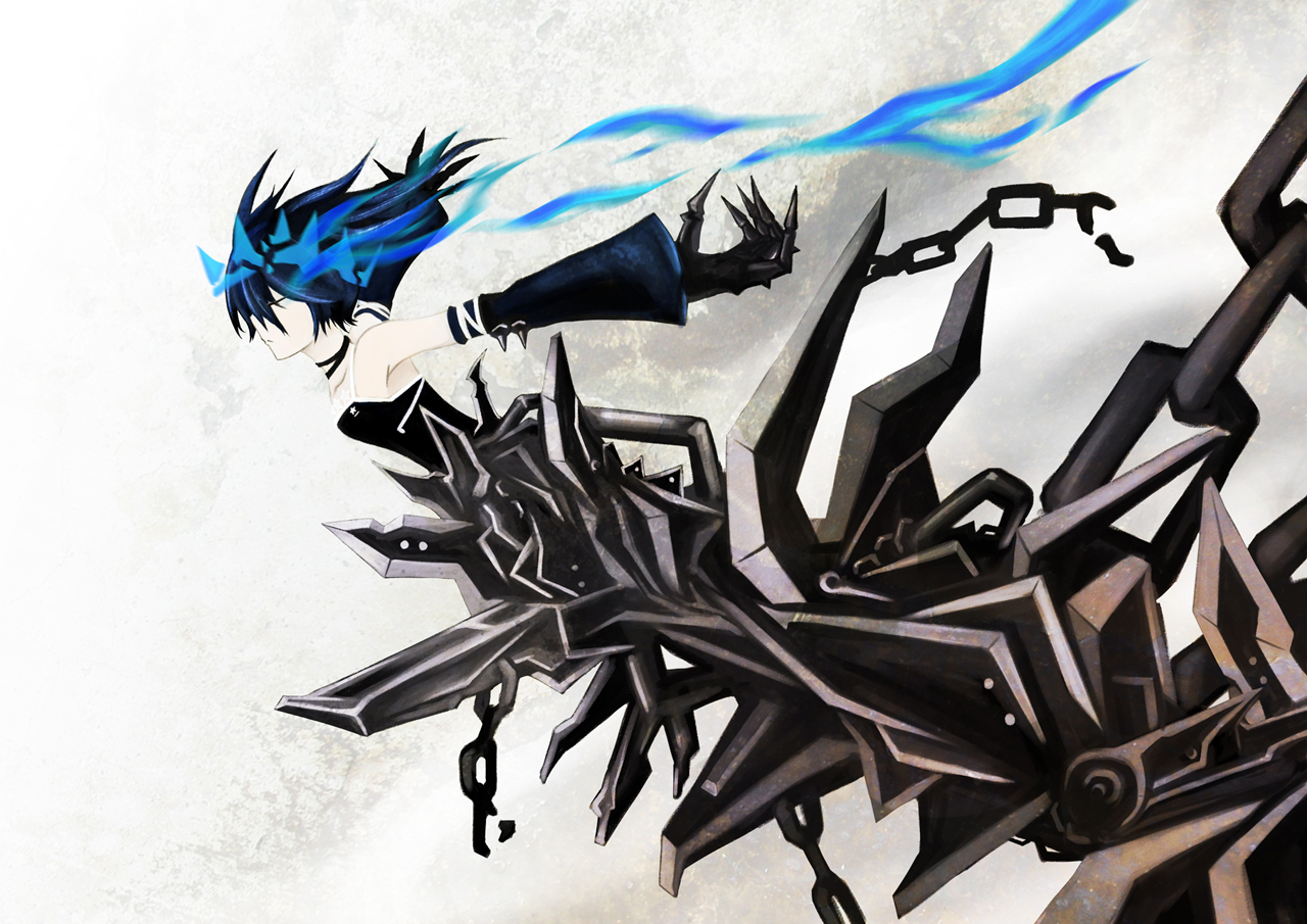 aore, black_rock_shooter, black_rock_shooter_beast, blue_hair, chain, kuroi_mato, short_hair