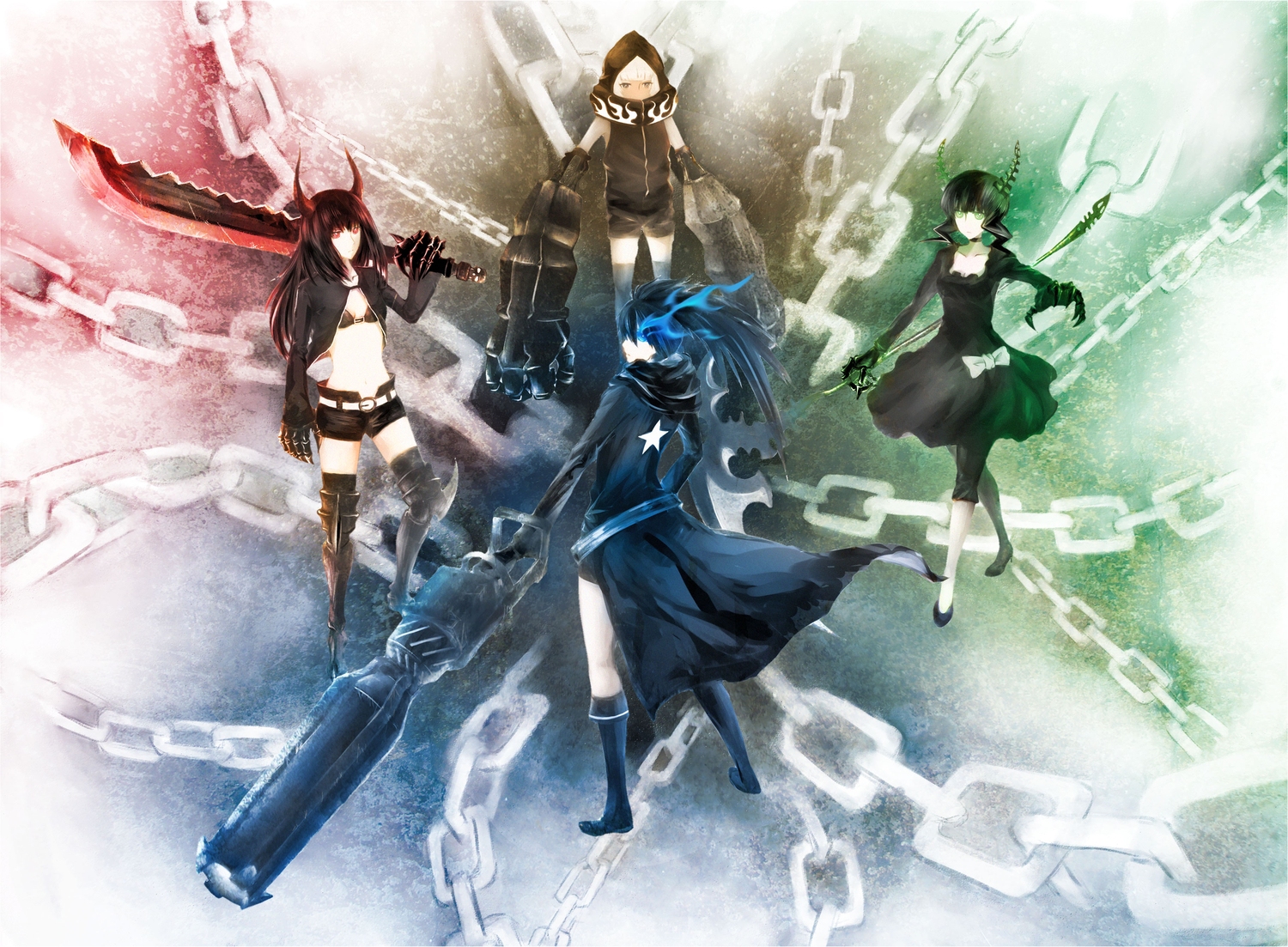 antiallan, bikini_top, black_hair, black_rock_shooter, blue_eyes, chain, dress, green_eyes, group, gun, hood, horns, irino_saya, koutari_yuu, kuroi_mato, long_hair, red_eyes, scar, short_hair, shorts, stars, sword, takanashi_yomi, weapon, white_hair, yellow_eyes, zettai_ryouiki