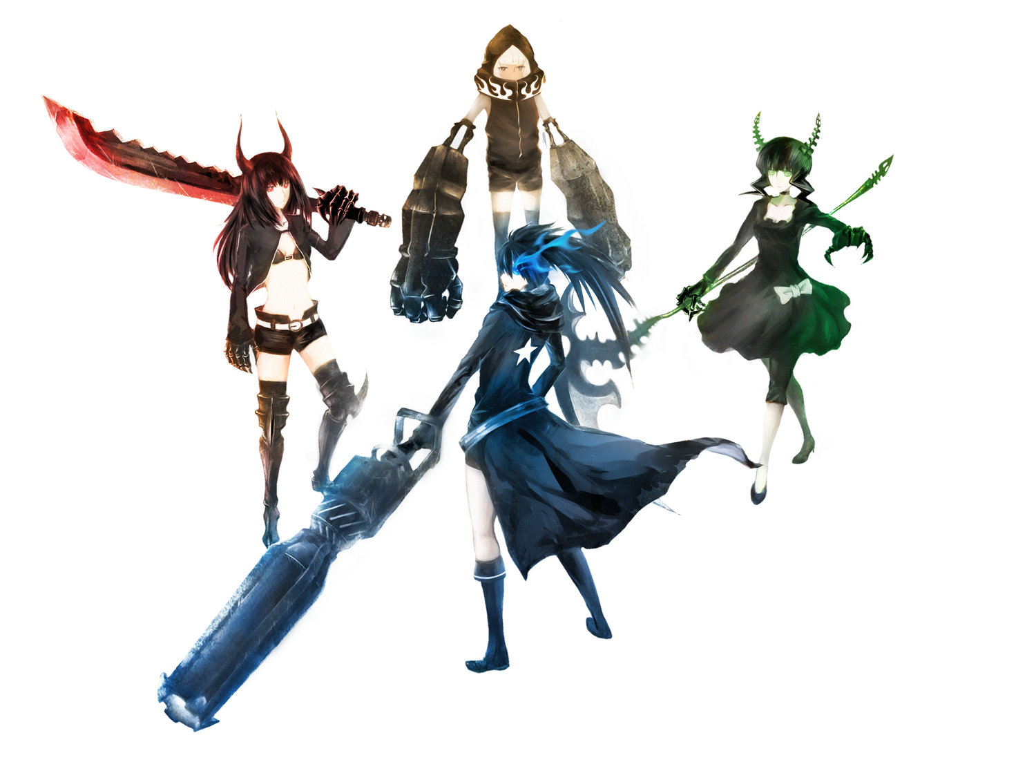 antiallan, bikini_top, black_hair, black_rock_shooter, blue_eyes, dark_skin, dress, green_eyes, group, gun, hood, horns, irino_saya, koutari_yuu, kuroi_mato, long_hair, red_eyes, scar, short_hair, shorts, stars, sword, takanashi_yomi, weapon, white_hair, yellow_eyes, zettai_ryouiki