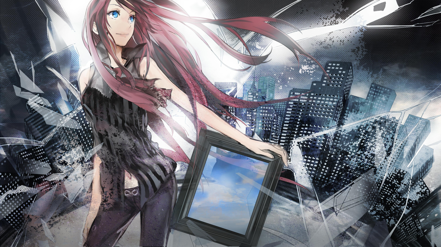 blue_eyes, city, kazune_(baumkuchen), long_hair, megurine_luka, pink_hair, vocaloid