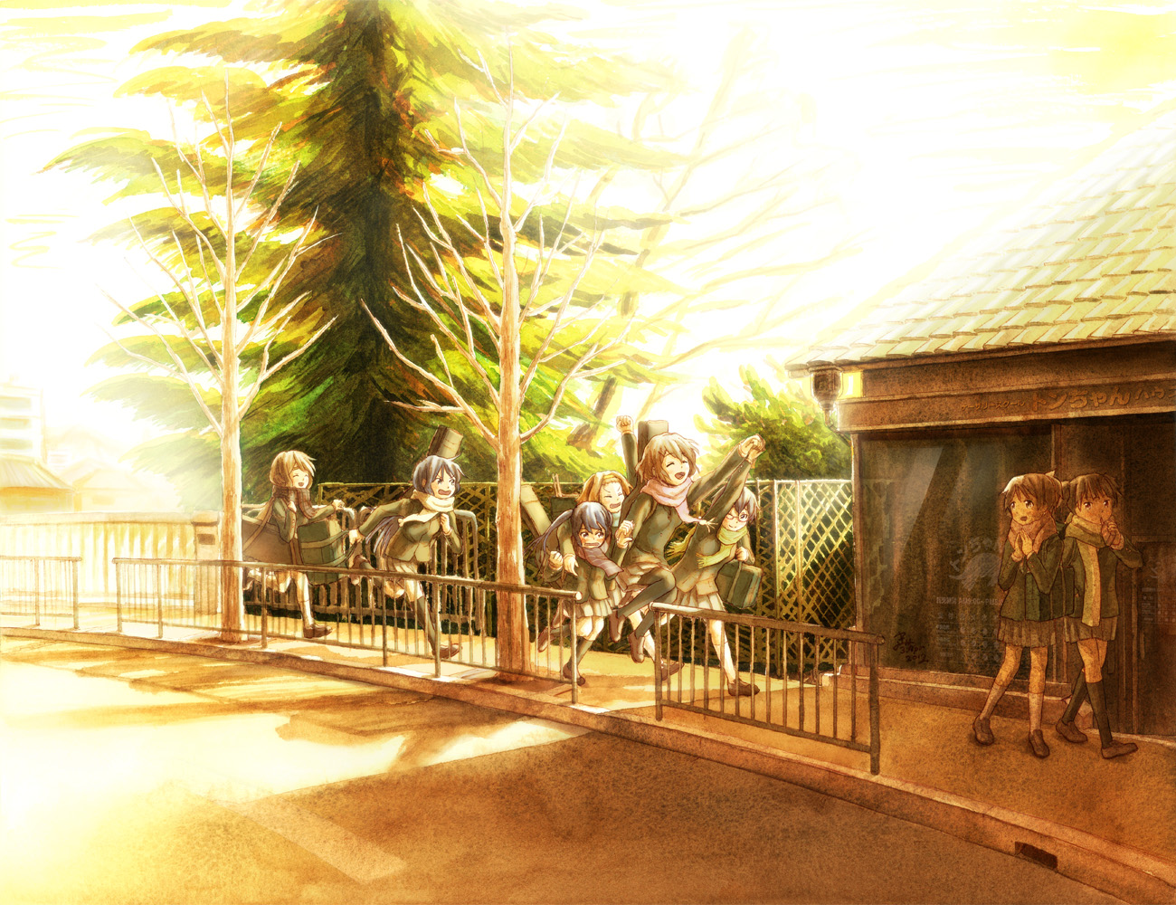 akiyama_mio, drink, glasses, group, hashiribe, hirasawa_ui, hirasawa_yui, kneehighs