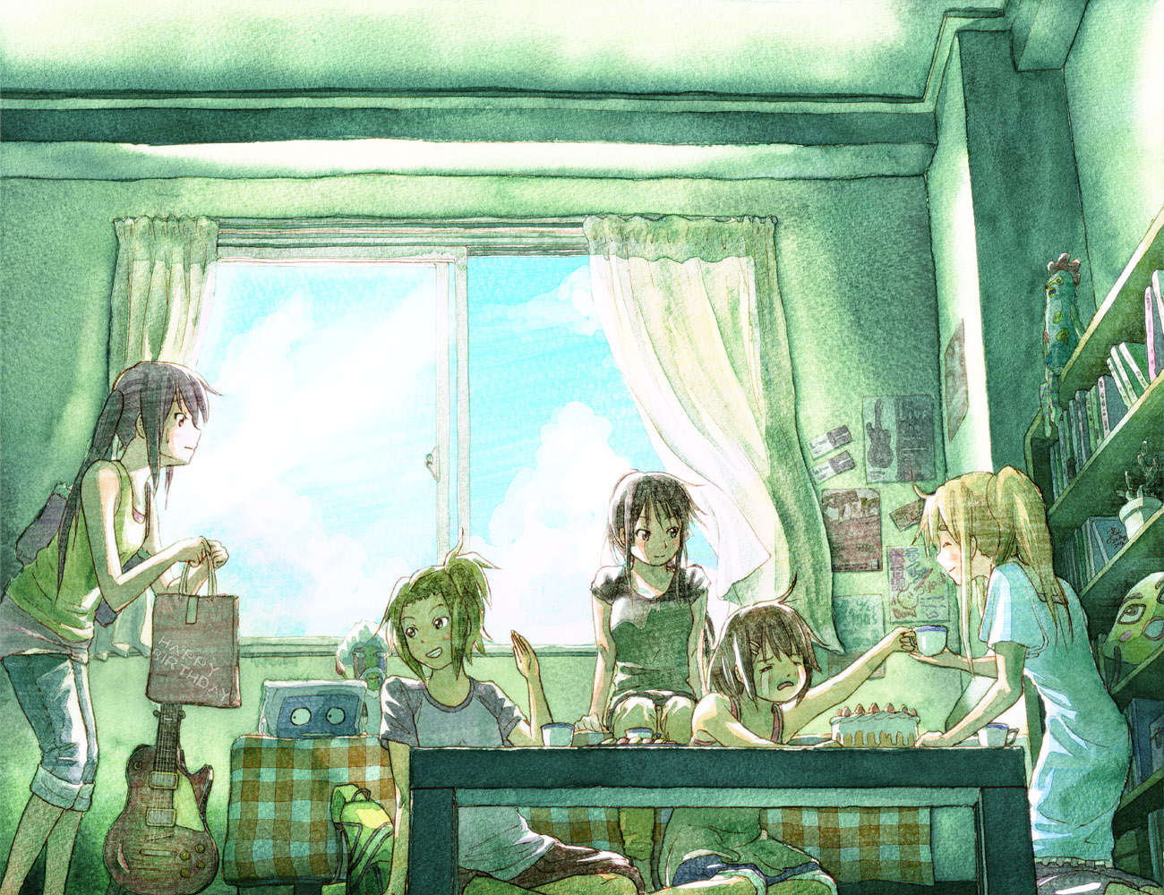 akiyama_mio, cake, food, group, guitar, hashiribe, hirasawa_yui, instrument, k-on!, kotobuki_tsumugi, nakano_azusa, tainaka_ritsu
