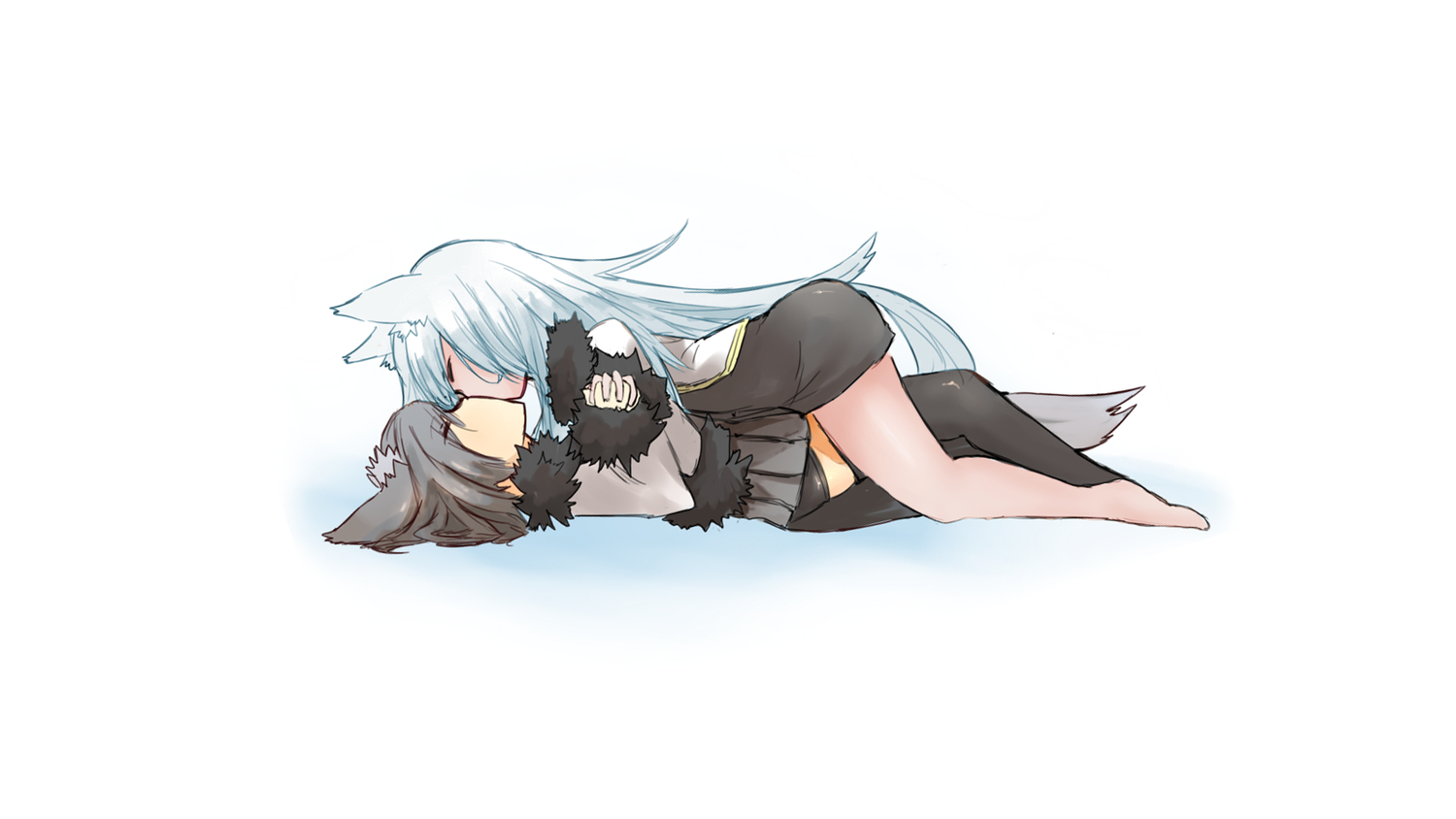 animal_ears, black_hair, foxgirl, kiss, long_hair, nanako_(shiroganeusagi), original, shiroganeusagi, short_hair, shoujo_ai, tail, third-party_edit, white, white_hair