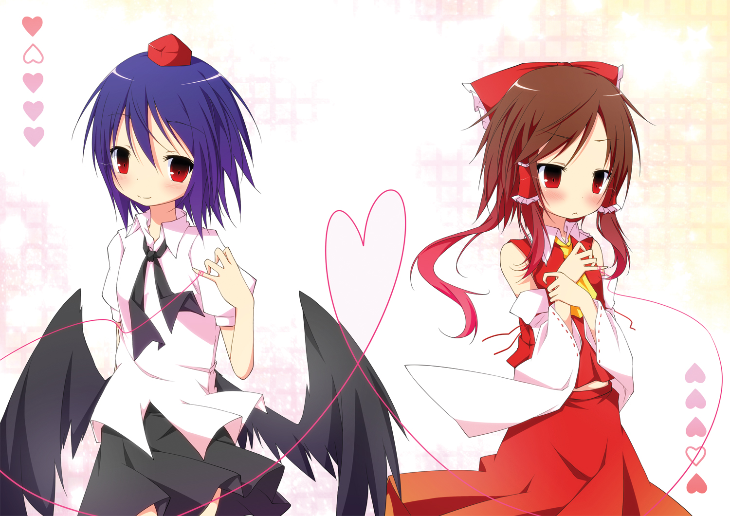 2girls, blue_hair, blush, bow, braids, brown_hair, hakurei_reimu, hat