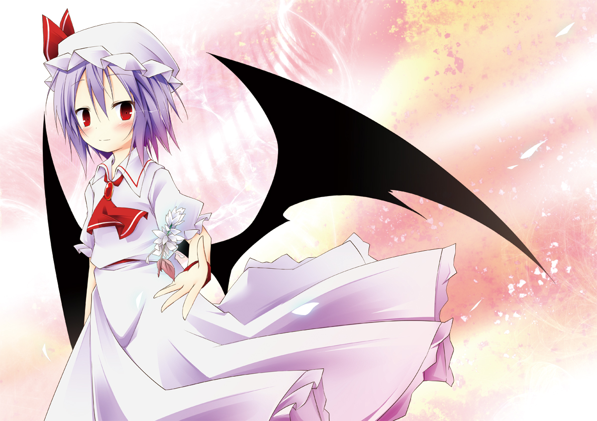 blue_hair, blush, bow, flowers, hat, ichihina, red_eyes, remilia_scarlet