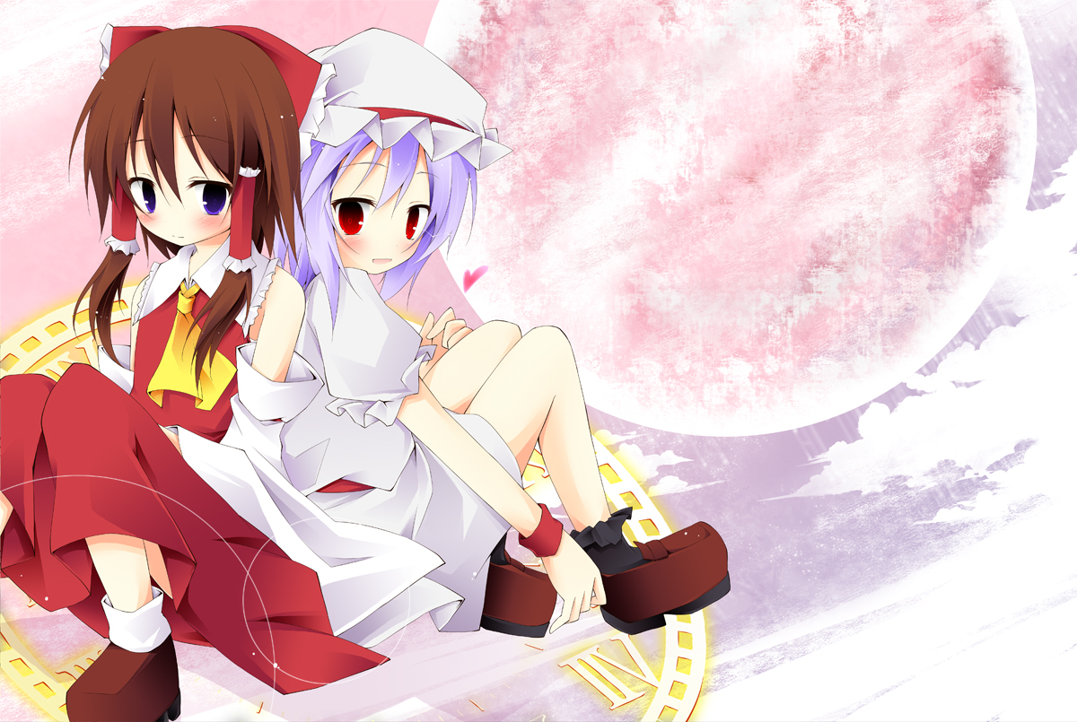 2girls, blue_eyes, blue_hair, blush, bow, braids, brown_hair, dress, hakurei_reimu, hat, heart, ichihina, japanese_clothes, long_hair, miko, red_eyes, remilia_scarlet, short_hair, touhou