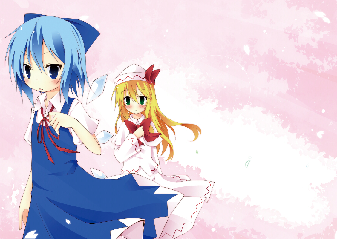 2girls, blonde_hair, blue_eyes, blue_hair, blush, bow, cirno, dress