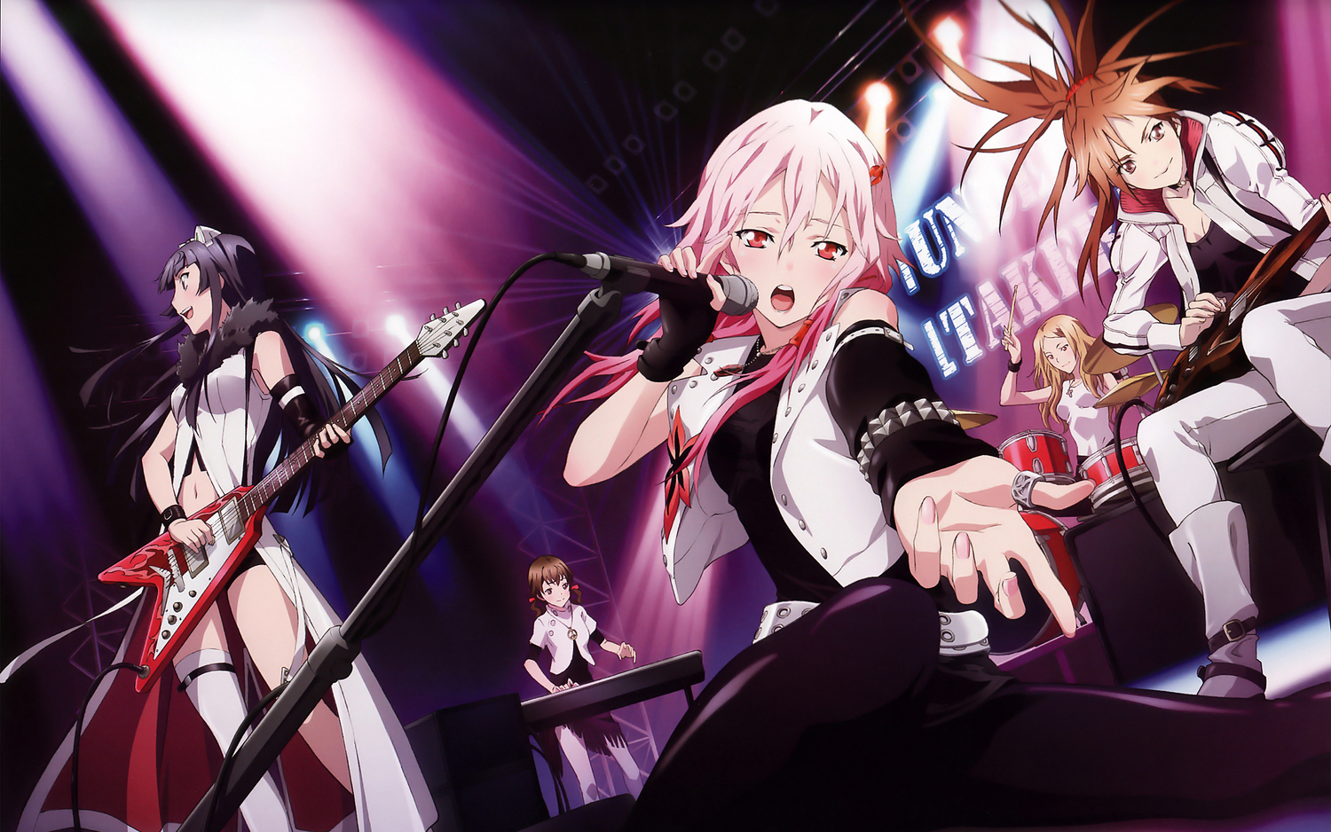 blonde_hair, blush, brown_eyes, brown_hair, drums, guilty_crown, guitar, instrument