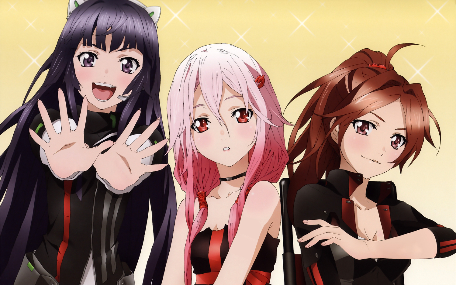 breasts, brown_eyes, brown_hair, choker, cleavage, cropped, guilty_crown, long_hair
