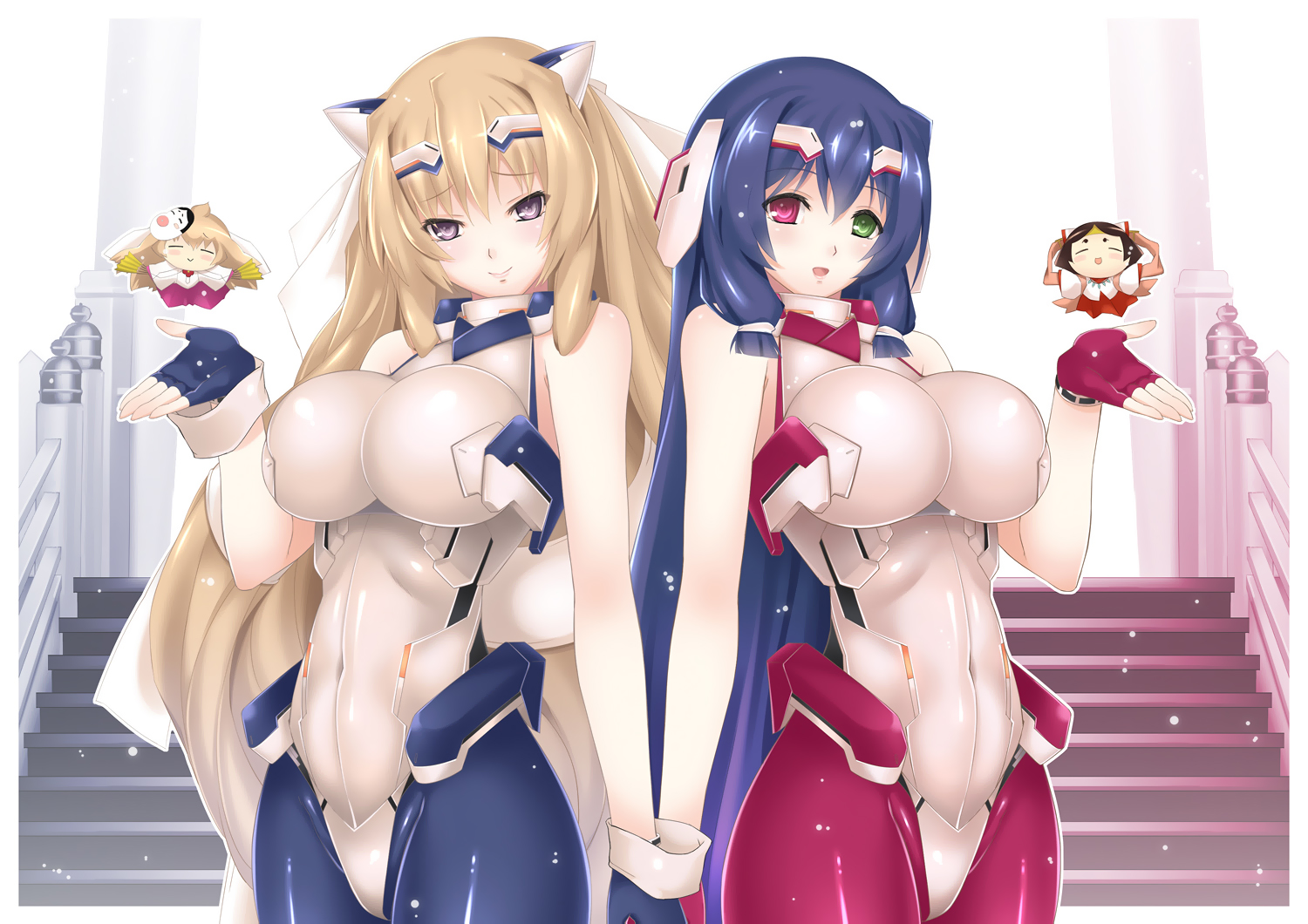 aoi_kimi, asama_tomo, bicolored_eyes, blonde_hair, bodysuit, breasts, chibi, fan, gloves, hanami_(horizon), japanese_clothes, kyoukai_senjou_no_horizon, lintanghaseo, long_hair, purple_eyes, purple_hair, skintight, uzui_(horizon)