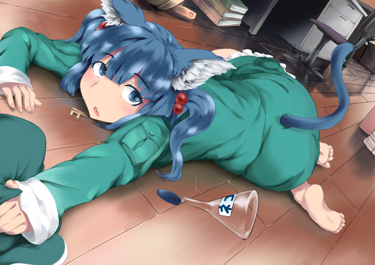 animal_ears, barefoot, blue_hair, dress, kawashiro_nitori, sinzan, tail, touhou