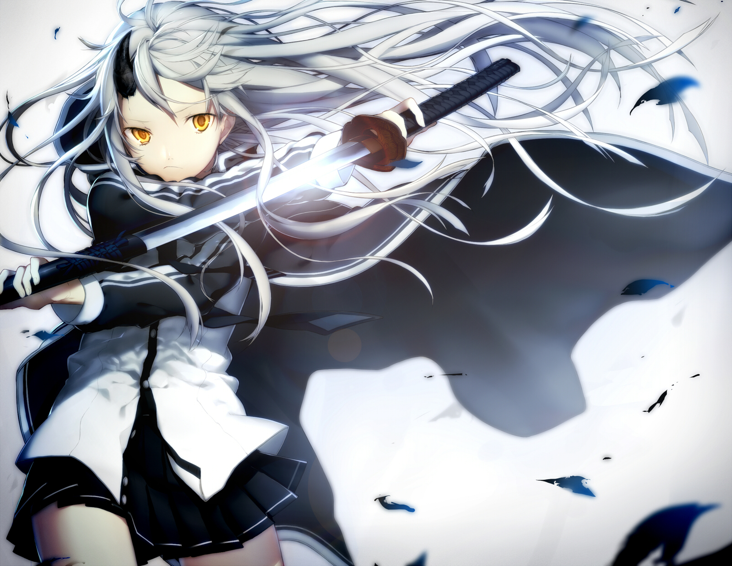 cape, katana, long_hair, original, shirotaka_(5choume), skirt, sword, weapon, white_hair, yellow_eyes