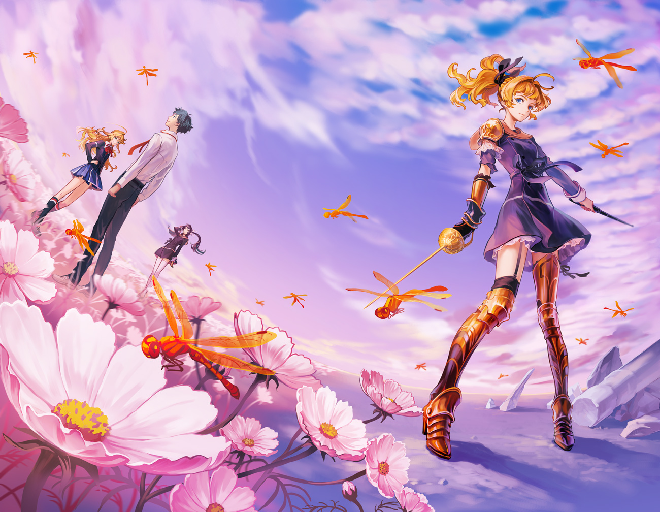 blonde_hair, blue_eyes, clouds, dress, flowers, gloves, iwamoto_james, original, ponytail, sky, sword, thighhighs, tie, twintails, weapon