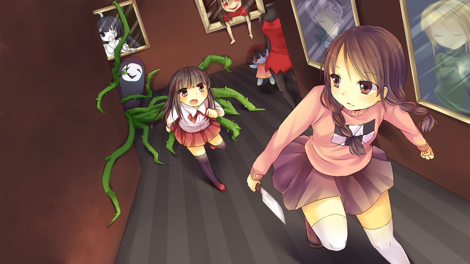 crossover, gary_(ib), ib, ib_(ib), knife, madotsuki, mary_(14476764), monoko