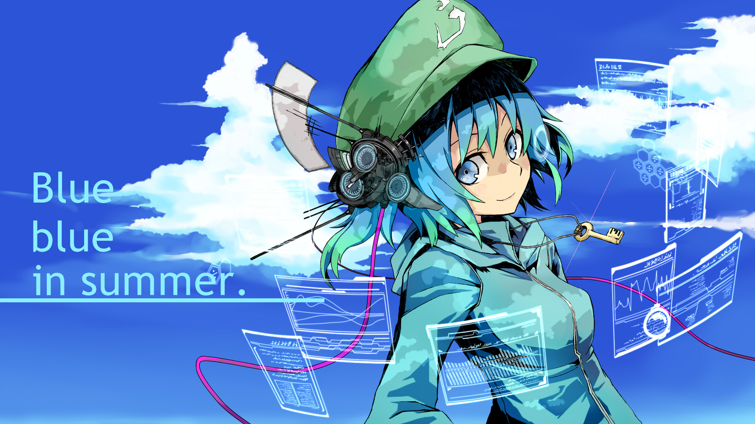 blue_eyes, blue_hair, clouds, hat, headphones, irue, kawashiro_nitori, short_hair, sky, touhou