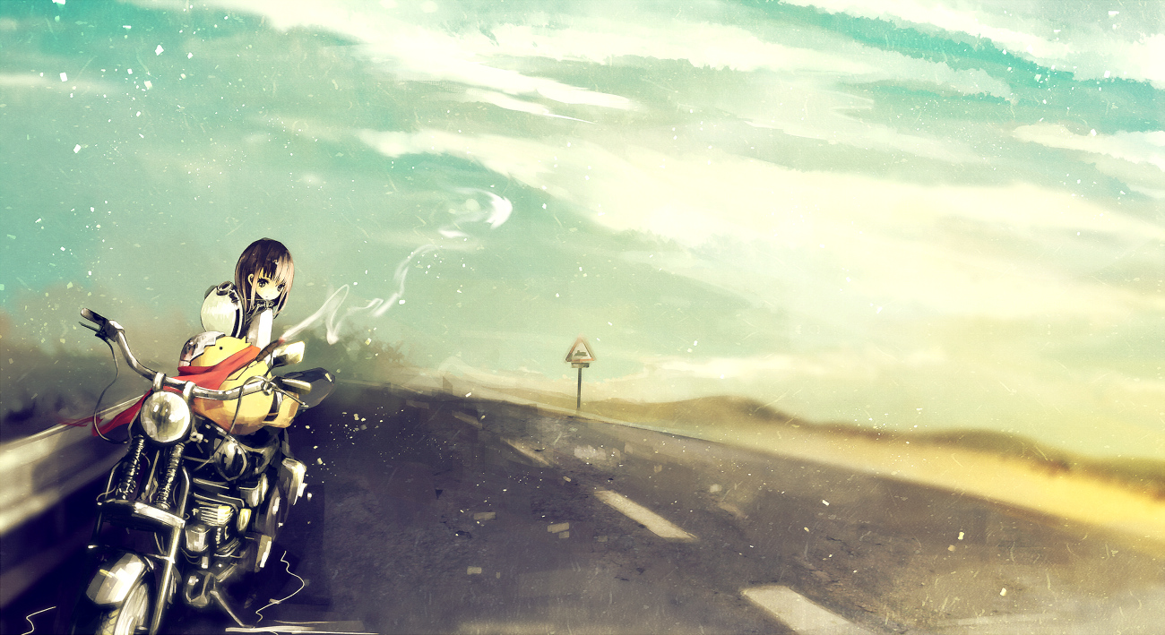 brown_hair, motorcycle, original, qtonagi, sky, smoking