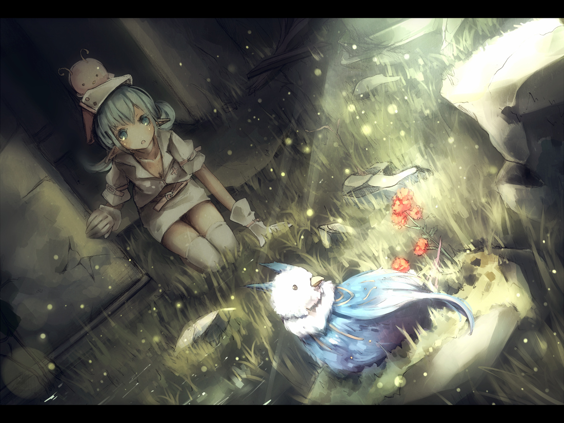 animal, blue_eyes, blue_hair, gloves, long_hair, nurse, original, pointed_ears, qtonagi, thighhighs