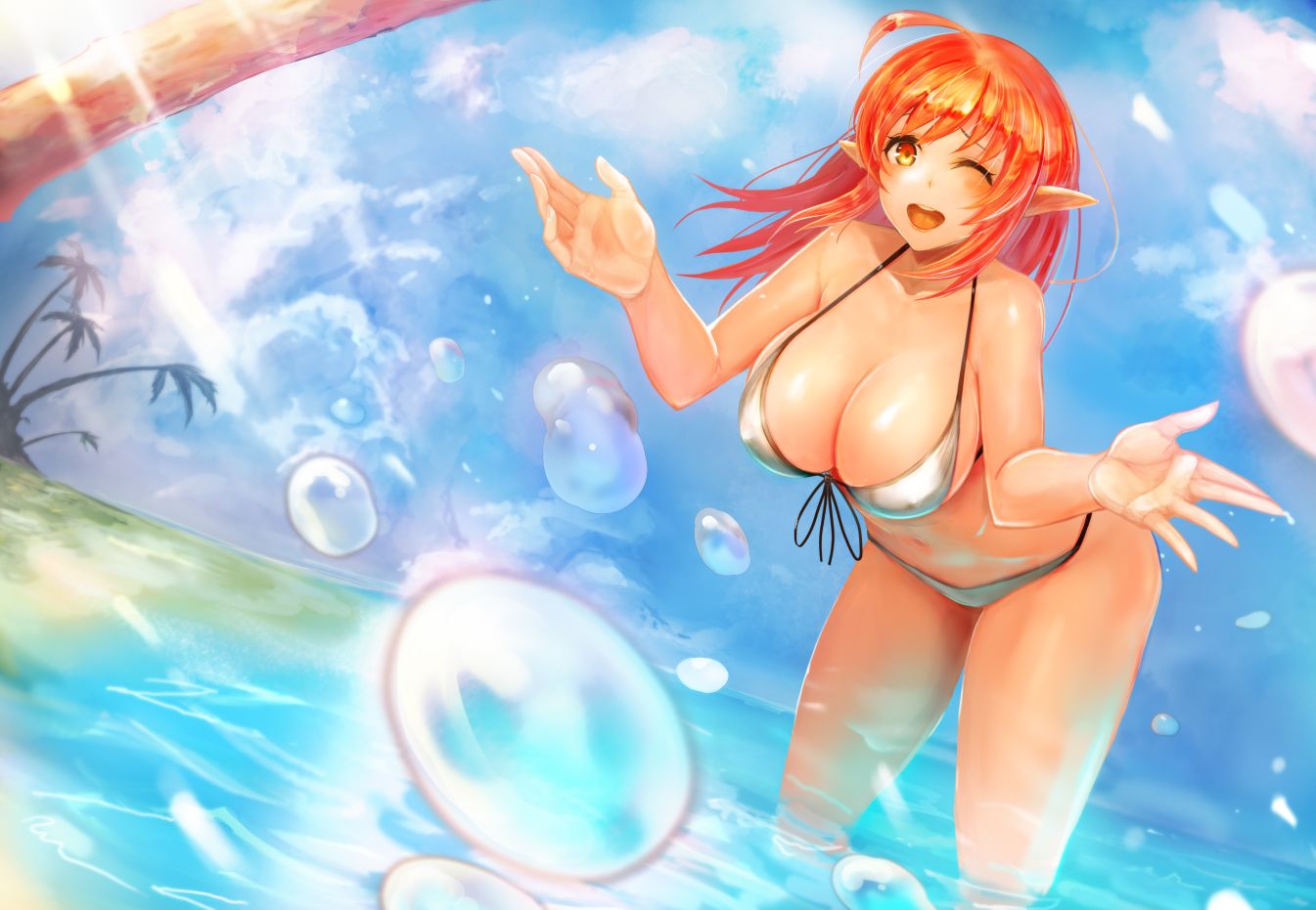 bikini, breasts, cleavage, orange_hair, original, pointed_ears, swimsuit, tagme, water, wet, wink, yaoya_musuko