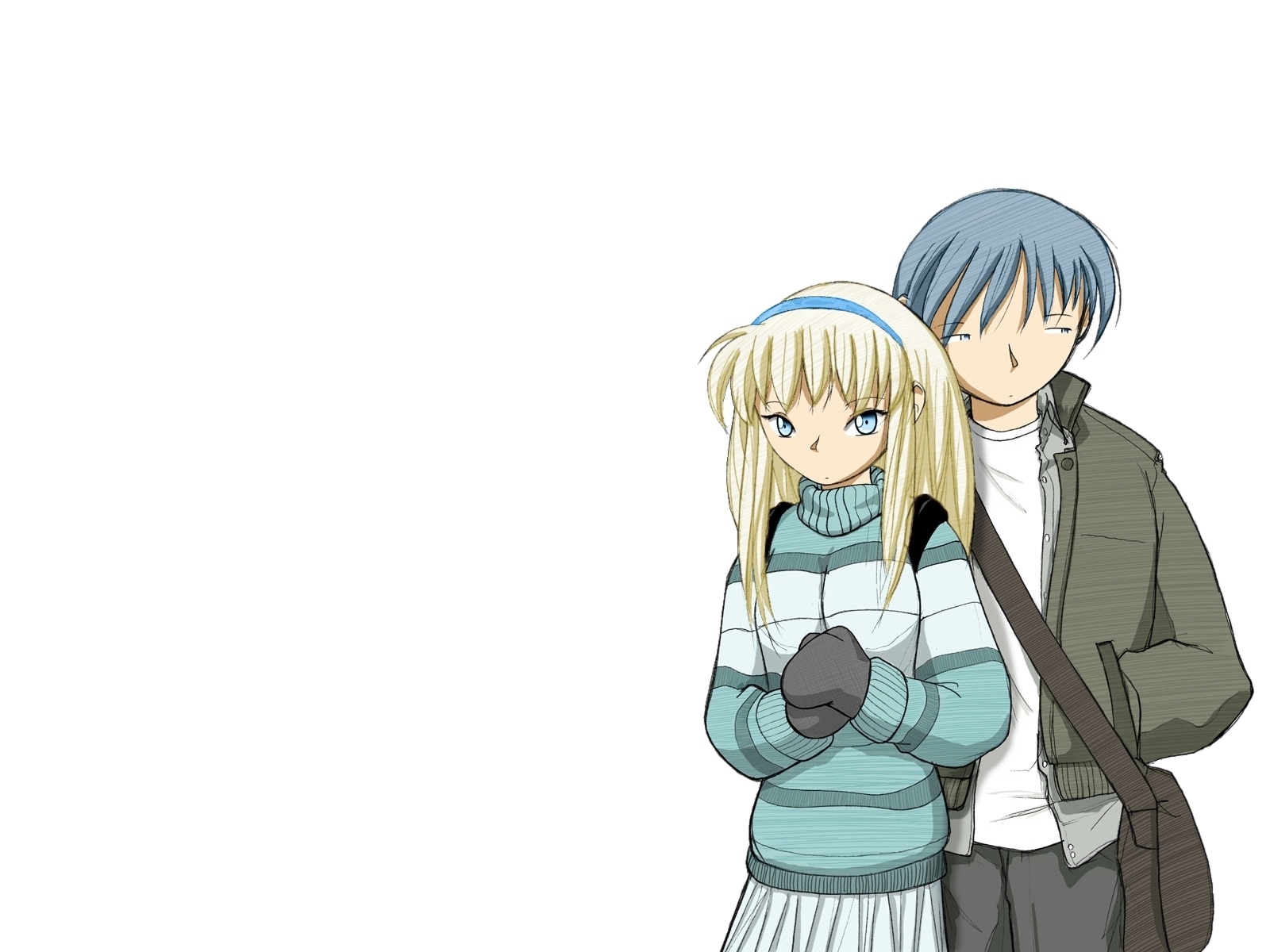 aqua_eyes, aqua_hair, blonde_hair, fred_gallagher, gloves, headband, long_hair, male, scarf, short_hair, skirt, tobari_saeko, tom_moore, warmth, white