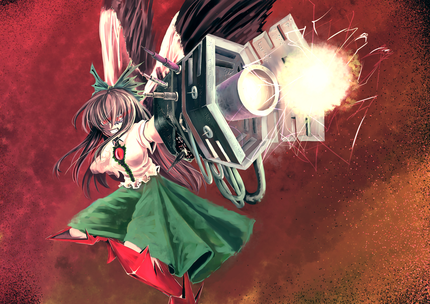 bow, brown_hair, cape, long_hair, marubororaito, red_eyes, reiuji_utsuho, touhou