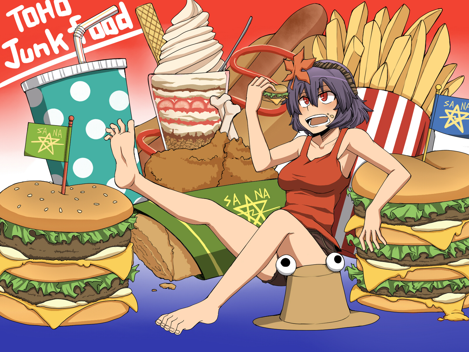 barefoot, drink, food, ice_cream, kuri_dora, purple_hair, red_eyes, short_hair, touhou, yasaka_kanako