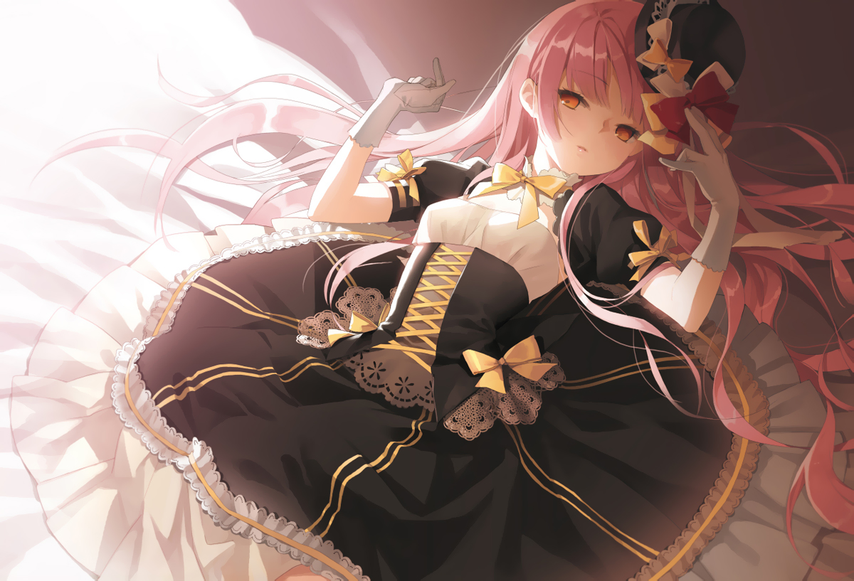 bed, dress, gloves, hat, long_hair, original, salt_(salty)