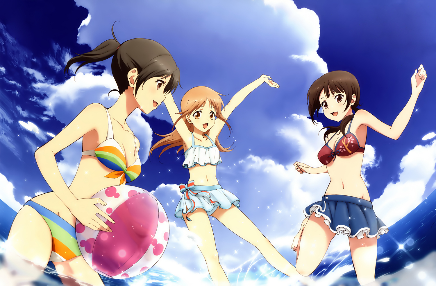 amano_kazuko, bikini, brown_hair, miyamoto_konatsu, okita_sawa, sakai_wakana, swimsuit, tari_tari