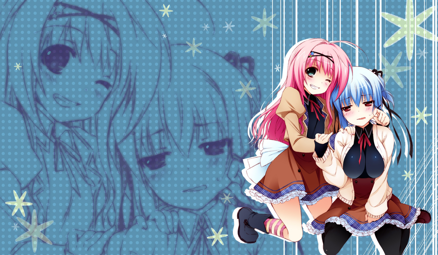 blue_hair, kinomoto_hana, kinomoto_nokia, panta, pink_hair, renai_zero_kilometer, wink, zoom_layer