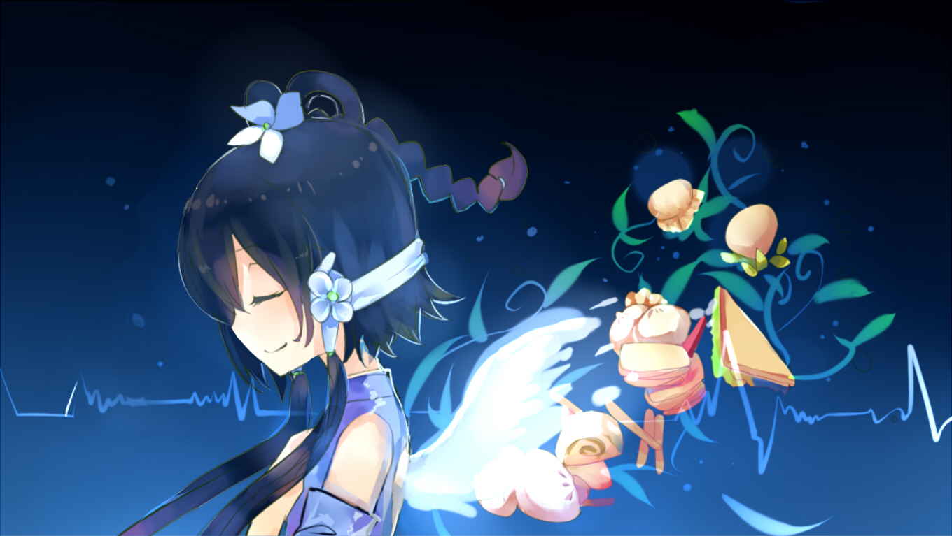 blue, blue_hair, bunuojiang, flowers, food, long_hair, luo_tianyi, twintails, vocaloid, vsinger