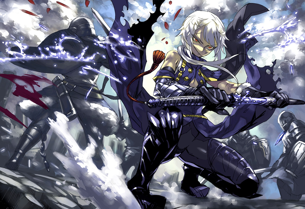 armor, blood, elbow_gloves, gloves, katana, long_hair, orange_eyes, original, pixiv_fantasia, ponytail, scarf, shinazo, sword, torn_clothes, weapon, white_hair