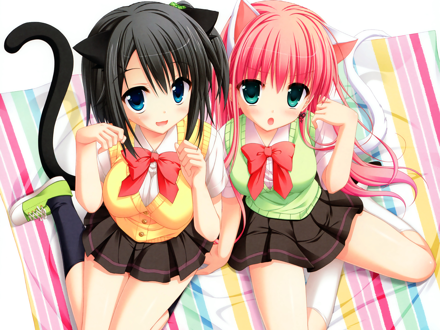 2girls, animal_ears, azuma_yoru, black_hair, catgirl, hatsuyuki_sakura, hontani_kanae, pink_hair, saga_planets, school_uniform, shinonome_nozumu, tail, toranosuke