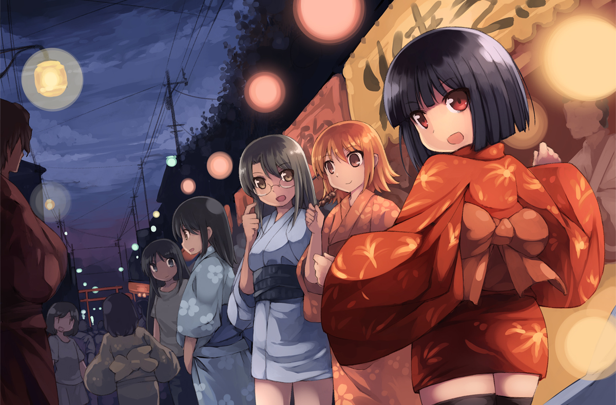 akatsuki_miho, akemiho_tabi_nikki, festival, fukube_tamaki, japanese_clothes, kouno_hikaru, night, oribe_shiori