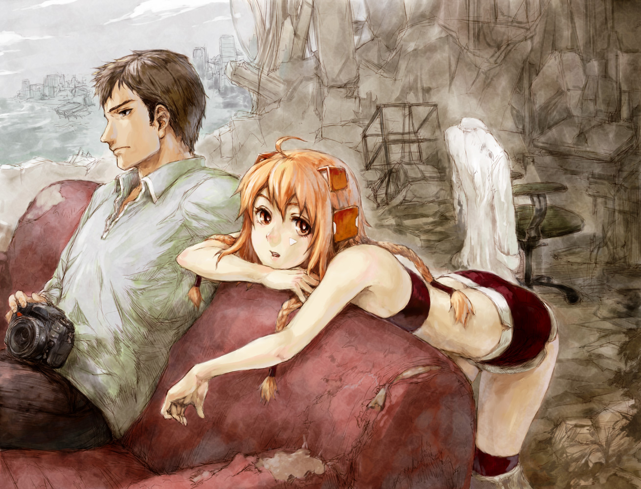 braids, brown_eyes, brown_hair, camera, long_hair, orange_eyes, orange_hair, original
