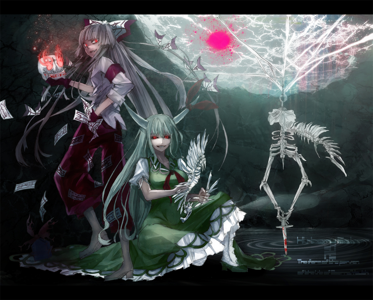 2girls, bones, ex_keine, fire, fujiwara_no_mokou, gloves, gray_hair, green_hair, horns, kamishirasawa_keine, knife, lastdark, long_hair, ofuda, red_eyes, skull, touhou, weapon, wings