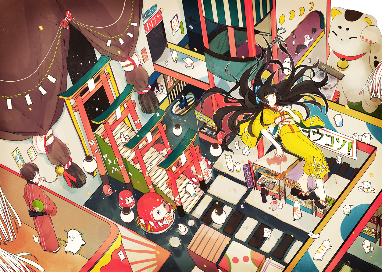 animal, black_hair, boat, brown_hair, doll, food, japanese_clothes, kimono, long_hair, original, short_hair, toinana, torii, water, yellow_eyes