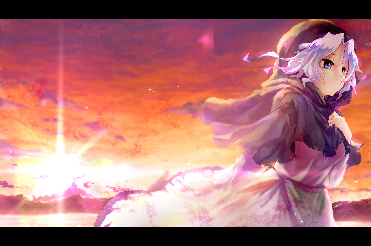 blue_eyes, clouds, dqn_(dqnww), dress, kumoi_ichirin, short_hair, sky, sunset