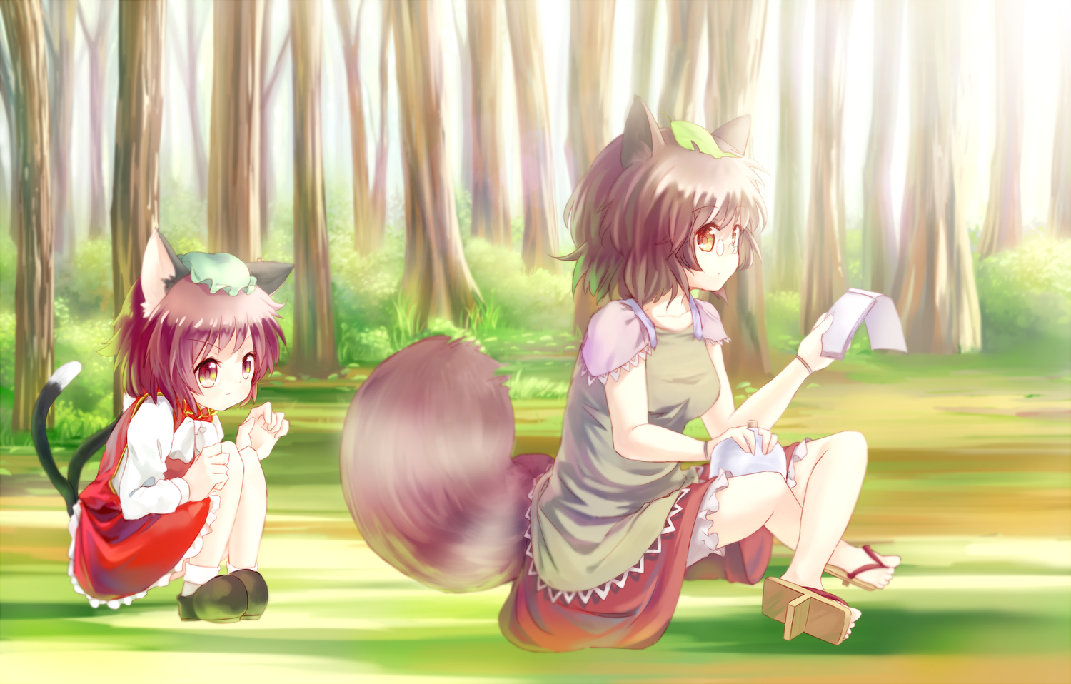2girls, animal_ears, brown_eyes, brown_hair, catgirl, chen, dqn_(dqnww), futatsuiwa_mamizou