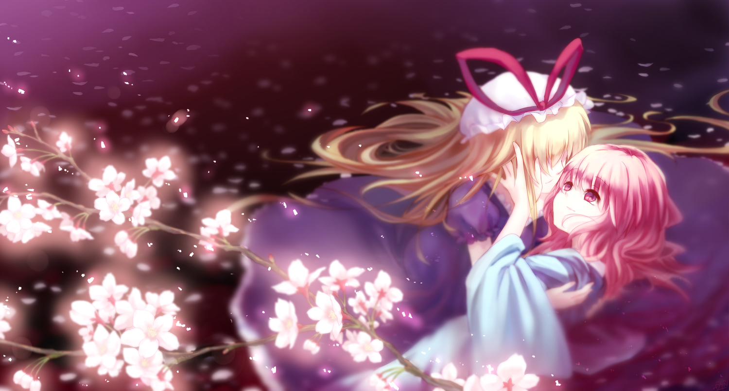 2girls, blonde_hair, cherry, cherry_blossoms, dqn_(dqnww), dress, flowers, food