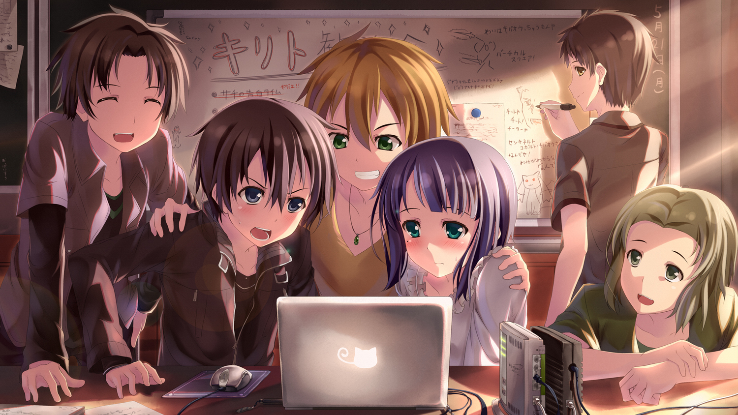 aqua_eyes, black_hair, blush, brown_hair, computer, green_eyes, green_hair, group