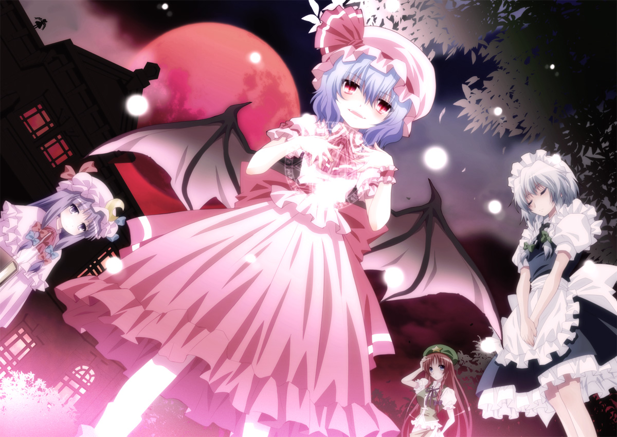 building, dress, fang, flandre_scarlet, hat, hong_meiling, izayoi_sakuya, komiru, maid, moon, patchouli_knowledge, red_eyes, remilia_scarlet, short_hair, touhou, tree, vampire, white_hair, wings