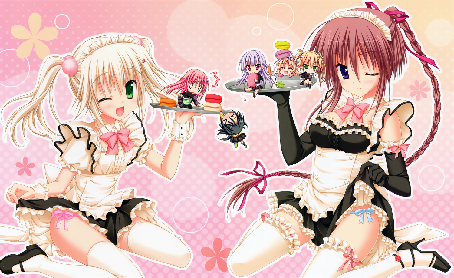 azuma_yoru, blush, chibi, hatsuyuki_sakura, headdress, kozakai_aya, maid, panties, ran_(hatsuyuki_sakura), saga_planets, scan, shinonome_nozumu, shirokuma, skirt, skirt_lift, tamaki_sakura, thighhighs, toranosuke, twintails, underwear, wink