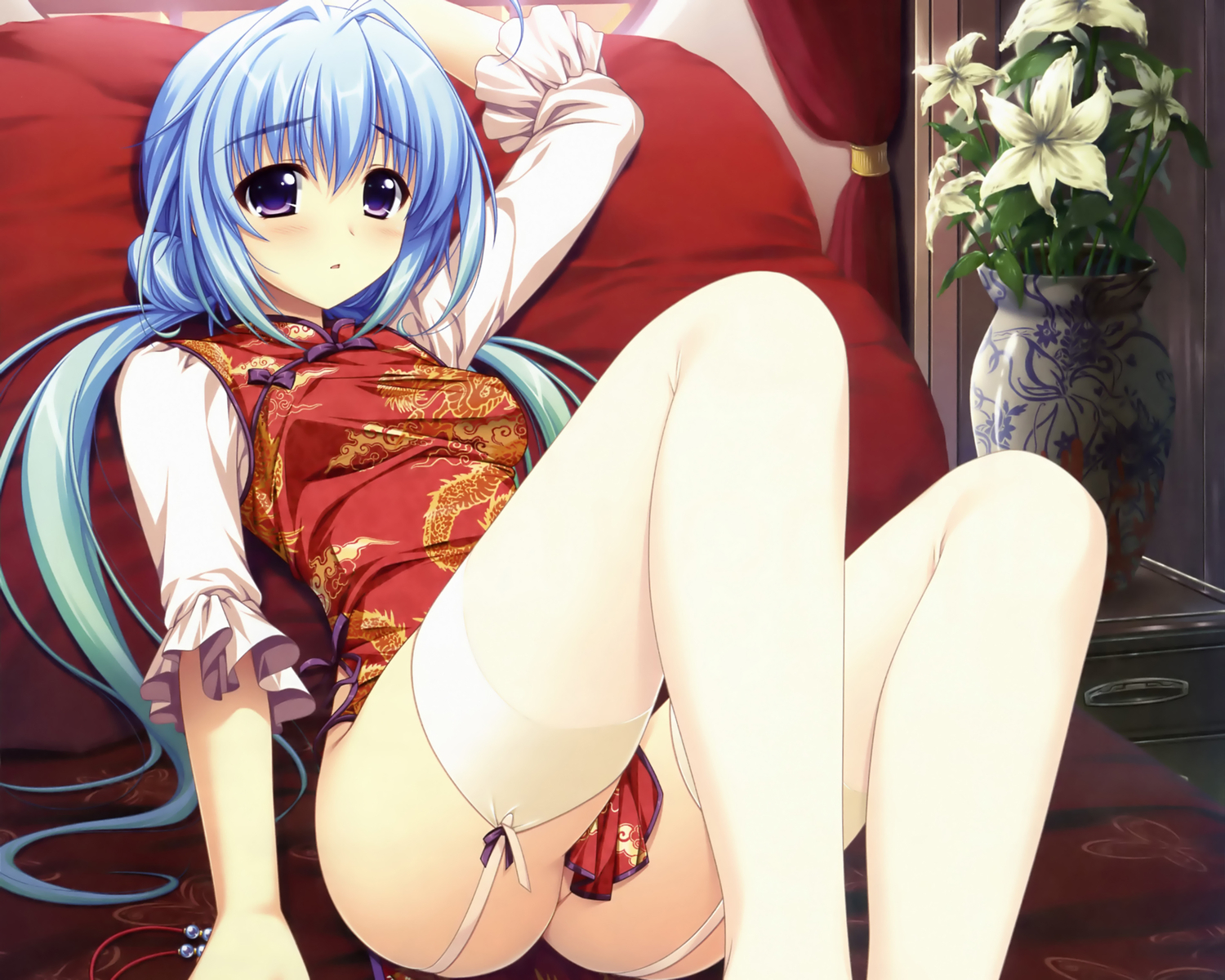 alpha_(alpha91), blue_hair, blush, chinese_clothes, chinese_dress, cropped, dengeki_moeoh, dress, nopan, okiba_ga_nai!, purple_eyes, stockings, syanon, thighhighs